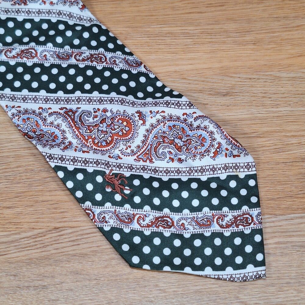 Bronzini Vintage Green Polka Dot Paisley Stripe Silk Tie Necktie Mens Classic